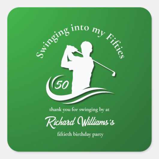 Swinging into My Fifties Modern Golf Player Party Vierkante Sticker (Voorkant)