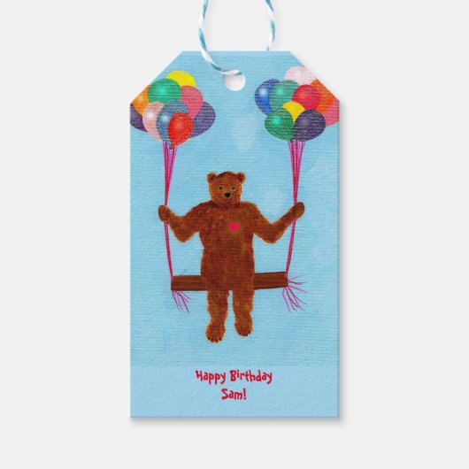 Swinging Teddy Bear Gepersonaliseerde Verjaardagsc Cadeaulabel (Voorkant)