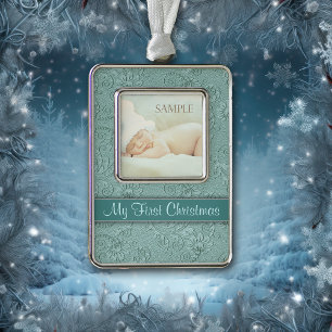 Swirl Aqua Baby Eerste Kerstmis Verzilverd Omlijst Ornament