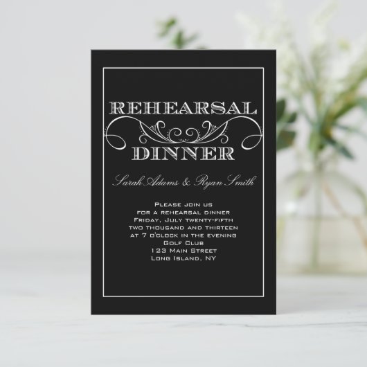 Swirl Black and White Rehearsal Dinner Invitation Kaart (Staand voorkant)