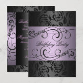 Swirl Black & Paarse Roos Verjaardagsuitnodiging Kaart (Voorkant / Achterkant)