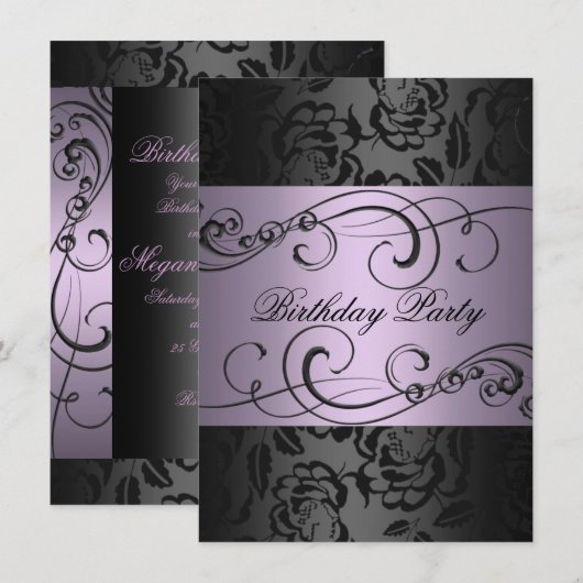 Swirl Black & Paarse Roos Verjaardagsuitnodiging Kaart (Voorkant / Achterkant)