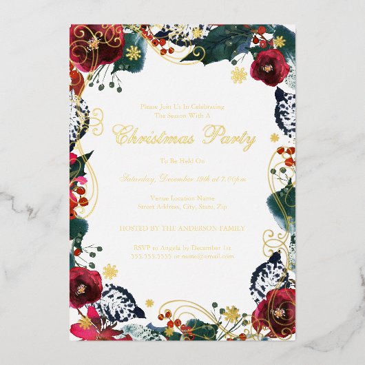 Swirl Bloemen Rood Goud Groen Kerstfeest Folie Uitnodiging (Voorkant)