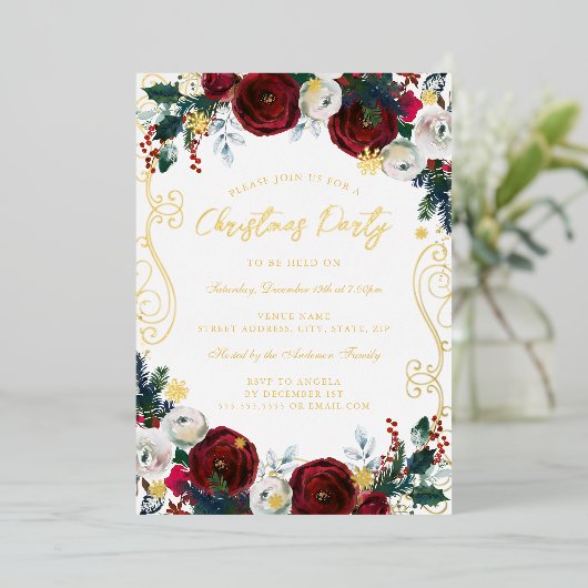 Swirl Bloemen Rood Goud Groen Kerstfeest Folie Uitnodiging (Staand Voorkant)