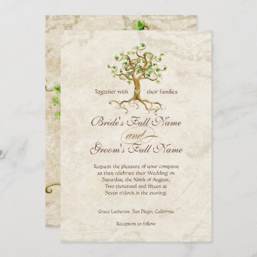 Swirl boomwortels Verouderde Perkament Bruiloft Kaart (Voorkant / Achterkant)