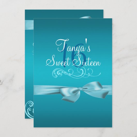 Swirl & Bow Blue verjaardagsuitnodiging Kaart (Voorkant / Achterkant)