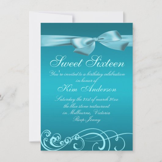 Swirl & Bow Blue verjaardagsuitnodiging Kaart (Achterkant)