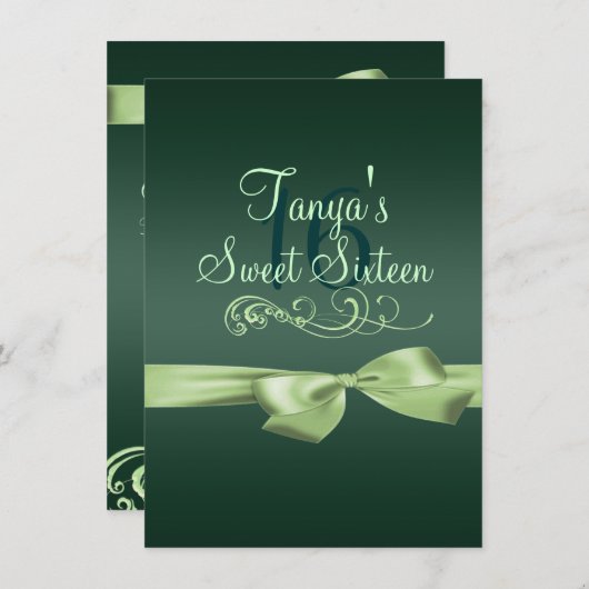 Swirl & Bow Green verjaardagsuitnodiging Kaart (Voorkant / Achterkant)