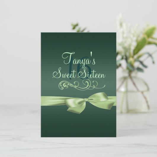 Swirl & Bow Green verjaardagsuitnodiging Kaart (Staand voorkant)