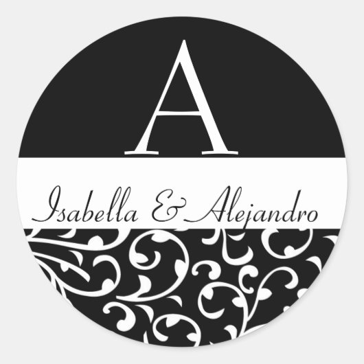 Swirl Damask Monogram Namen Bruiloft Favor Labels (Voorkant)