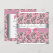 Swirl Damask Roze en Grijs Sweet 16 Party Kaart (Voorkant / Achterkant)