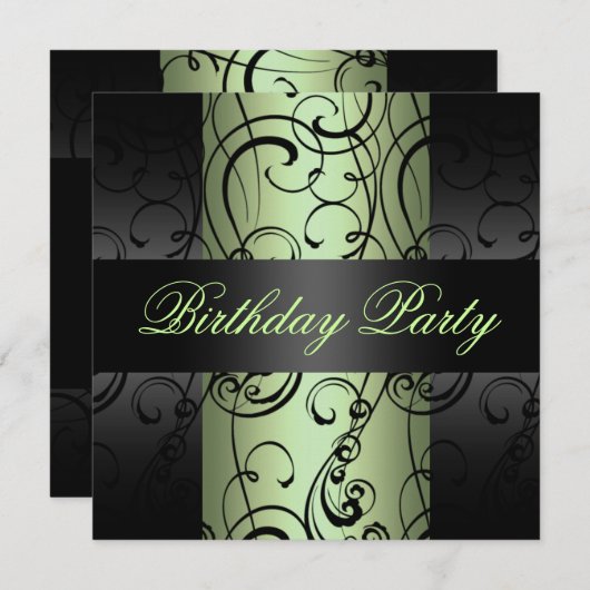 Swirl Elegant Groen/Zwart Ontwerp Verjaardag Uitno Kaart (Voorkant / Achterkant)