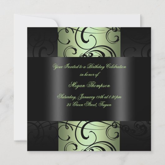 Swirl Elegant Groen/Zwart Ontwerp Verjaardag Uitno Kaart (Achterkant)