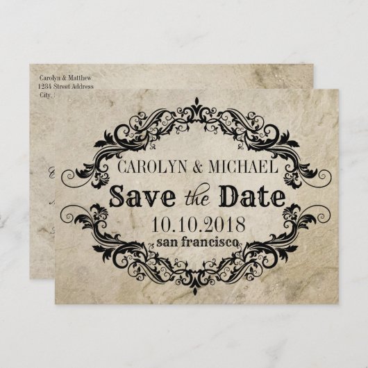 Swirl en Flourish antiek bruiloft Bewaar de datum Aankondigingskaart (Voorkant / Achterkant)