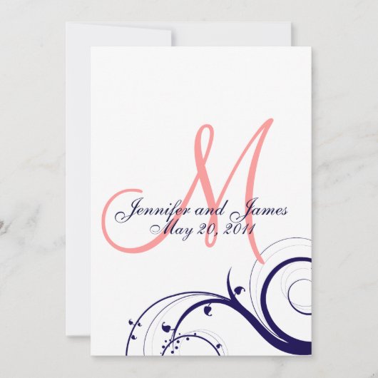 Swirl Monogram Wedding Invitations Navy Coral Kaart (Voorkant)