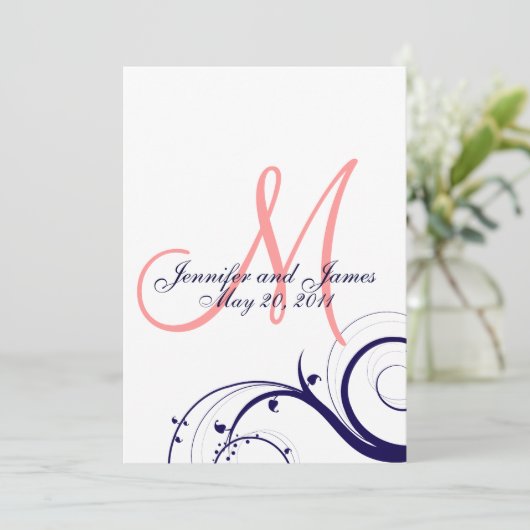Swirl Monogram Wedding Invitations Navy Coral Kaart (Staand voorkant)