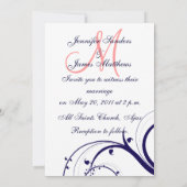 Swirl Monogram Wedding Invitations Navy Coral Kaart (Achterkant)