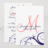 Swirl Monogram Wedding Invitations Navy Coral Kaart (Voorkant / Achterkant)