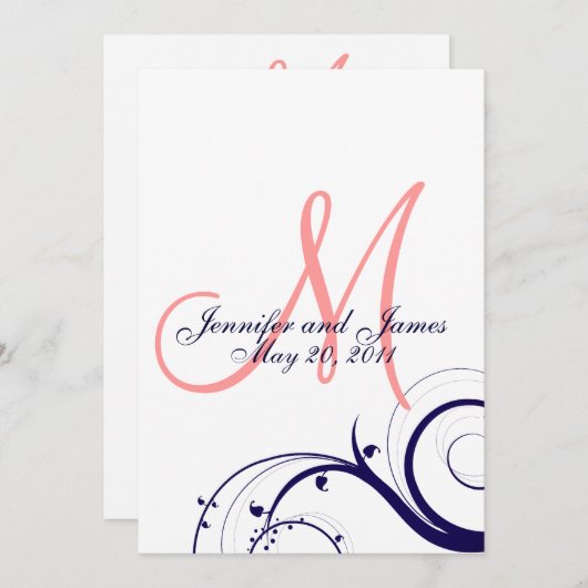 Swirl Monogram Wedding Invitations Navy Coral Kaart (Voorkant / Achterkant)