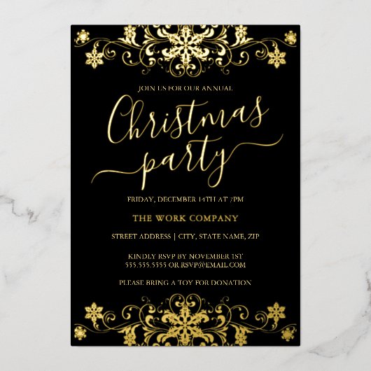 Swirl Snowflake Black Corporate Christmas Party Folie Uitnodiging (Voorkant)