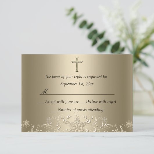 Swirl Snowflake & Cross Gold Doop RSVP (Staand voorkant)
