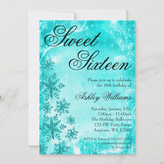 Swirl Snowflakes Blauwgroen Sweet 16 Winter Wonder Kaart (Voorkant)