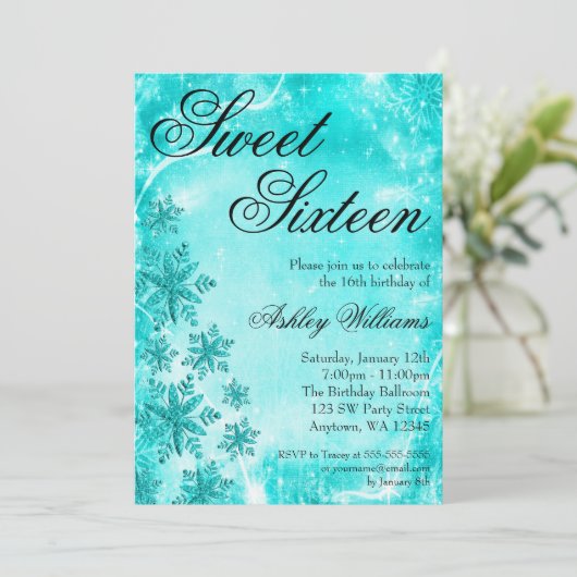 Swirl Snowflakes Blauwgroen Sweet 16 Winter Wonder Kaart (Staand voorkant)