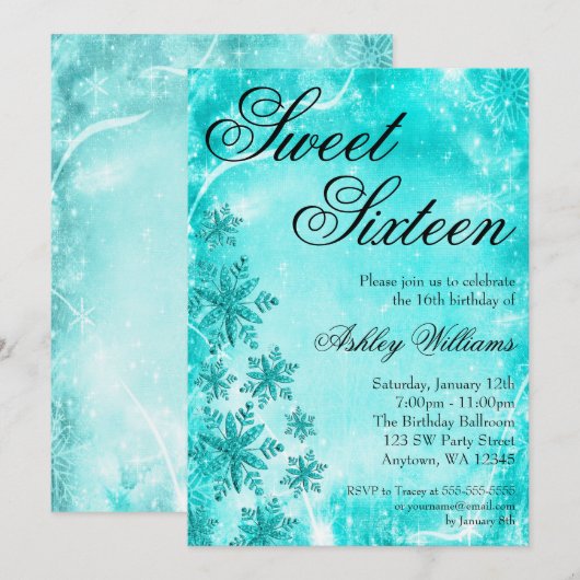 Swirl Snowflakes Blauwgroen Sweet 16 Winter Wonder Kaart (Voorkant / Achterkant)