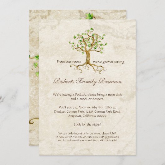 Swirl Tree Roots Antiqued Family Reunion nodigt ui Kaart (Voorkant / Achterkant)