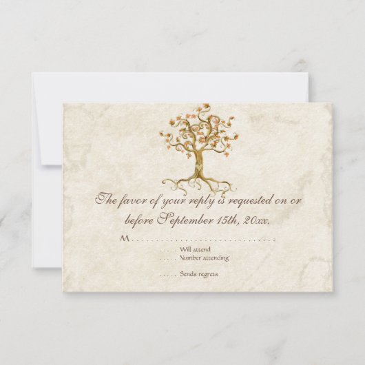 Swirl Tree Roots Antiqued Tan RSVP Response Kaart (Voorkant)