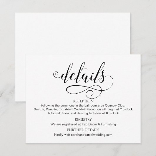 Swirl Typography Wedding Details Enclosure Kaart (Voorkant / Achterkant)
