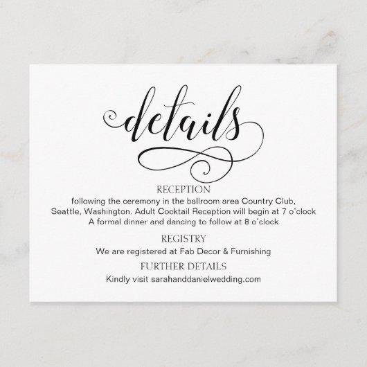 Swirl Typography Wedding Details Enclosure Kaart (Voorkant)