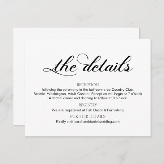 Swirl Typography Wedding Details Enclosure Kaart (Voorkant / Achterkant)