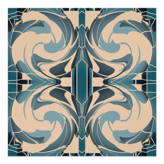 Swirling Beige met Seafoam Grey Blauwgroen Symmetr Perfect Poster (Voorkant)