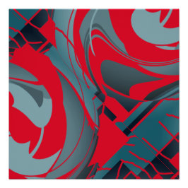 Swirling Bright Red met Seafoam Grijs-groen Vormen Perfect Poster
