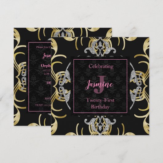 Swirling Gold en Silver Birthday Uitnodiging (Voorkant / Achterkant)