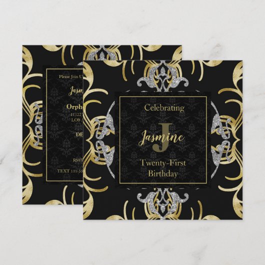 Swirling Gold en Silver Birthday Uitnodiging (Voorkant / Achterkant)