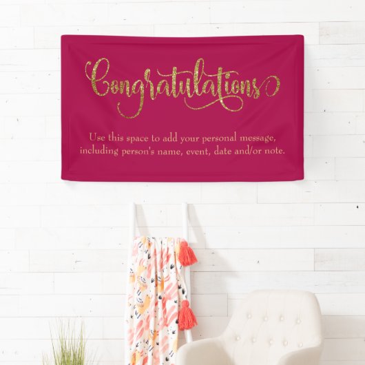 Swirling Gold Glitter Gefeliciteerd Raspberry Spandoek (Insitu)