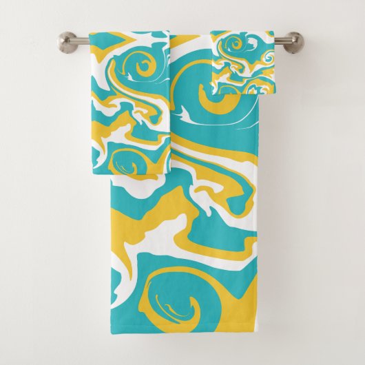 Swirling Patroon in Turquoise en Geel Bad Handdoek (Insitu)