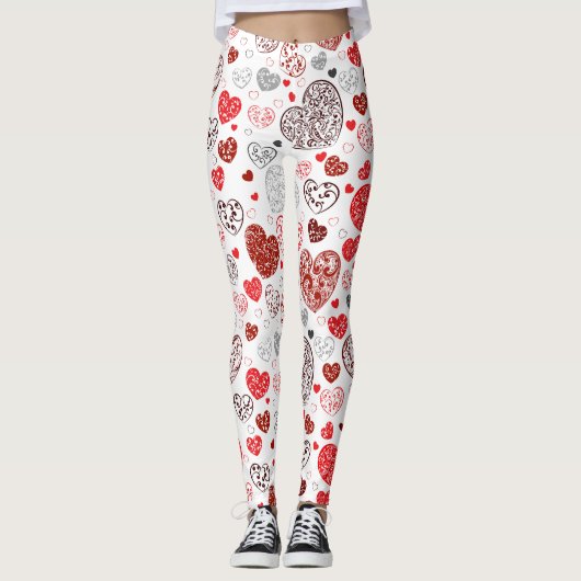 Swirling Red Decorative Heart Pattern Leggings (Voorkant)