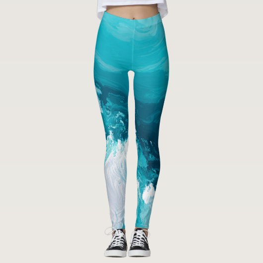 Swirling Turquoise Waves Abstract Ocean Wave Art Leggings (Voorkant)