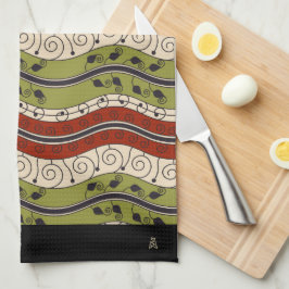 Swirls and Waves in rood, groen + crème (Monogram) Theedoek