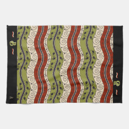 Swirls and Waves in rood, groen + crème (Monogram) Theedoek