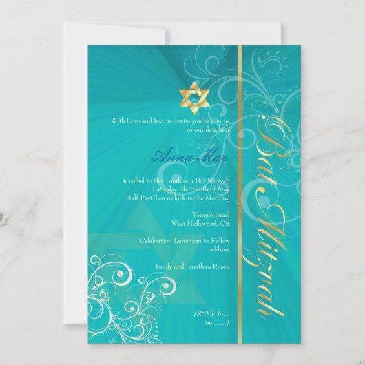 Swirls Bat Mitzvah/aqua blue/gold Kaart (Voorkant)