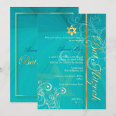 Swirls Bat Mitzvah/aqua blue/gold Kaart (Voorkant / Achterkant)