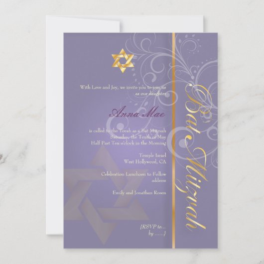 Swirls Bat Mitzvah/paars/goud Kaart (Voorkant)