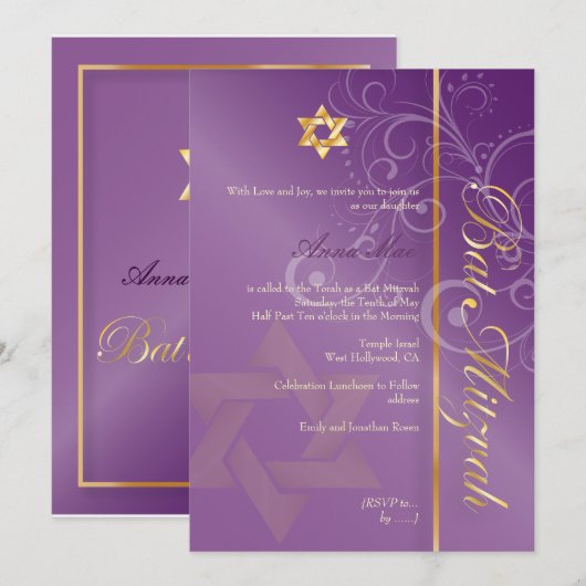 Swirls Bat Mitzvah/plum/goud Kaart (Voorkant / Achterkant)