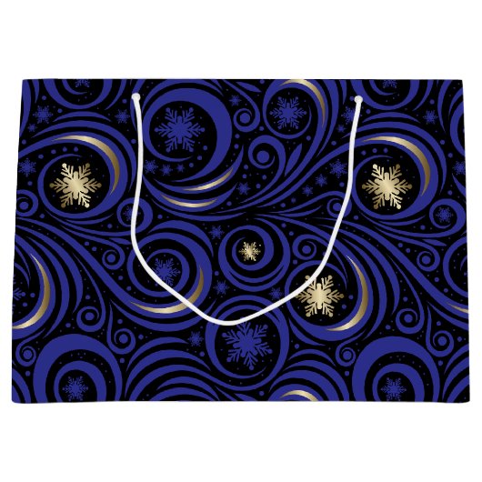 Swirls en sneeuwvlokken blauw en goud groot cadeauzakje (Voorkant)