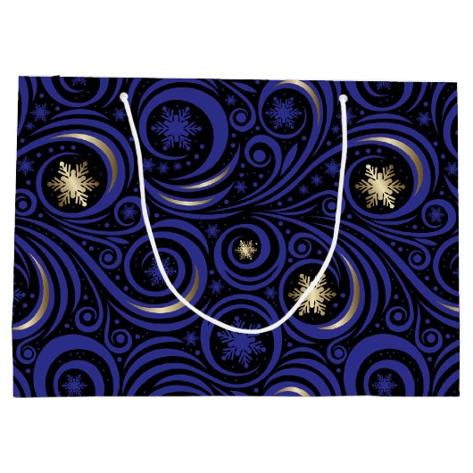 Swirls en sneeuwvlokken blauw en goud groot cadeauzakje (Achterkant)