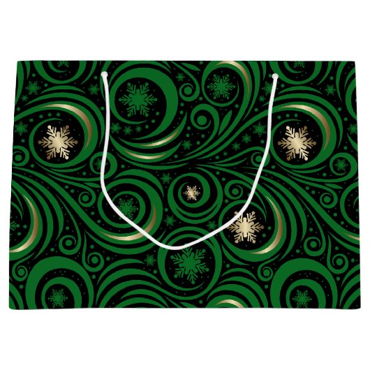 Swirls en sneeuwvlokken groen en goud groot cadeauzakje (Voorkant)